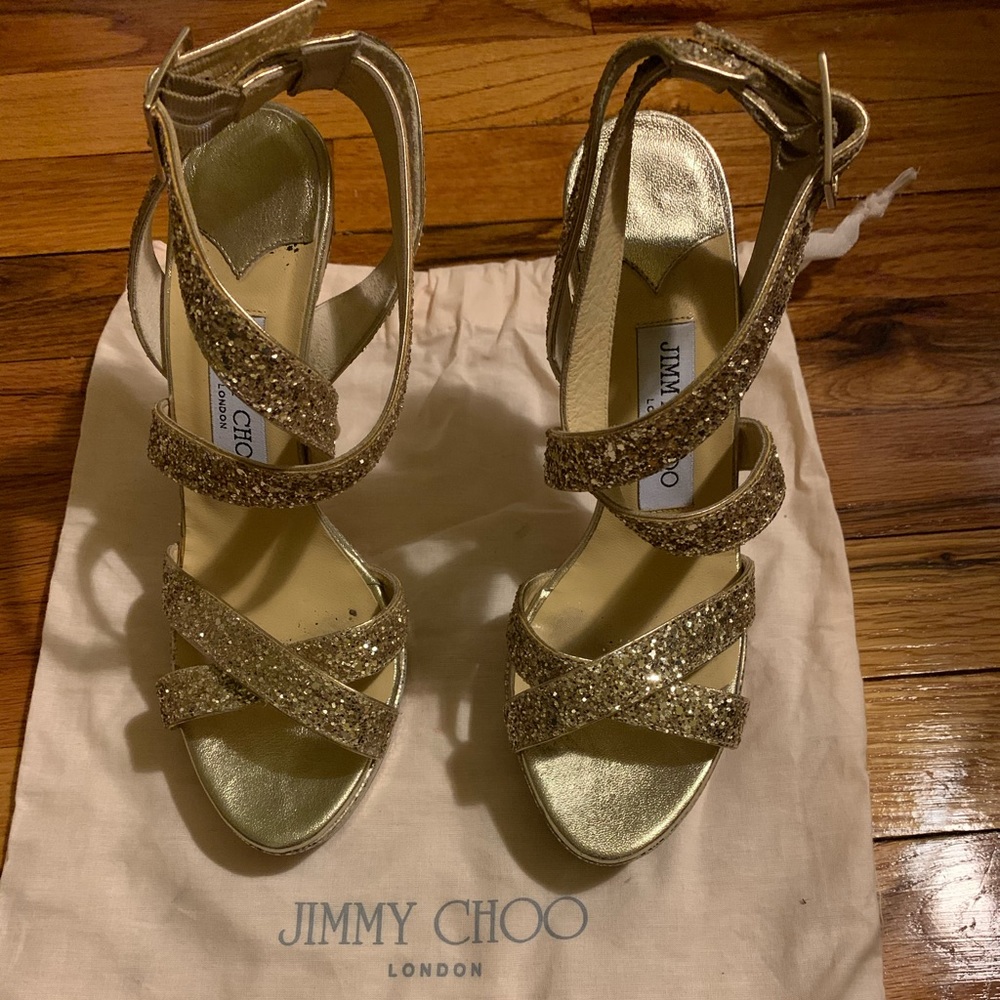 Jimmy Choo Champagne Glitter Vamp. Size 37.5